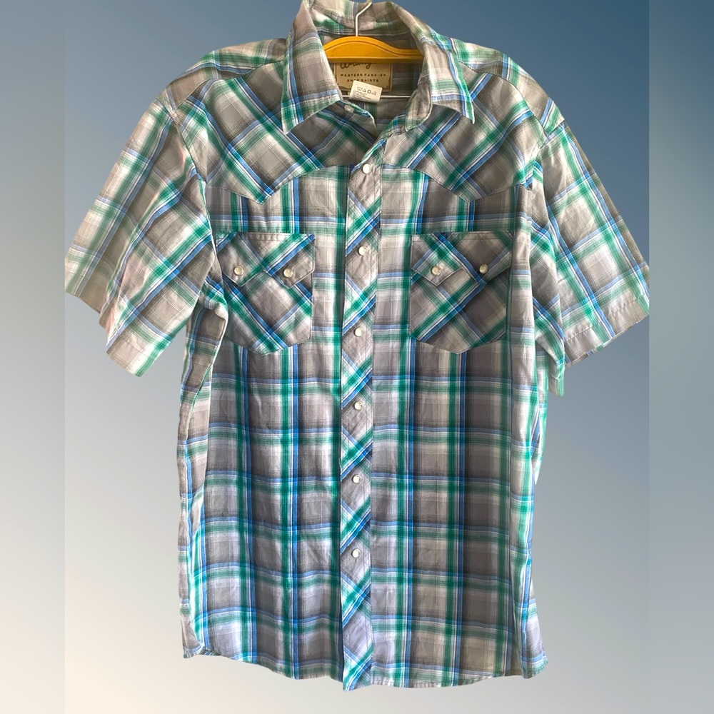 Wrangler Western Pearl Snap Button Up Shirt Med Mens Blue Rodeo Cowboy Ranch